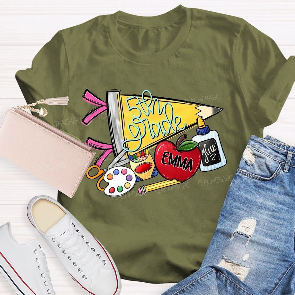 Personalized Name And Grade Yellow Pencil Triangle School Supplies Doodle Teacher T-shirt