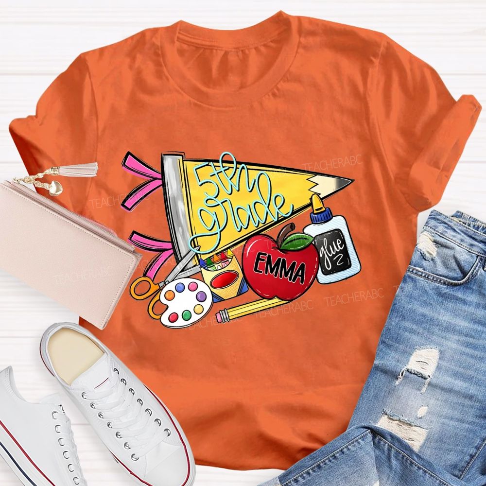Personalized Name And Grade Yellow Pencil Triangle School Supplies Doodle Teacher T-shirt