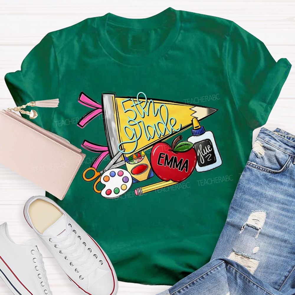 Personalized Name And Grade Yellow Pencil Triangle School Supplies Doodle Teacher T-shirt