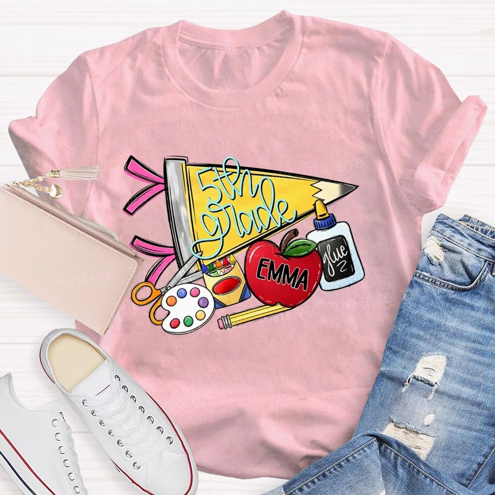 Personalized Name And Grade Yellow Pencil Triangle School Supplies Doodle Teacher T-shirt