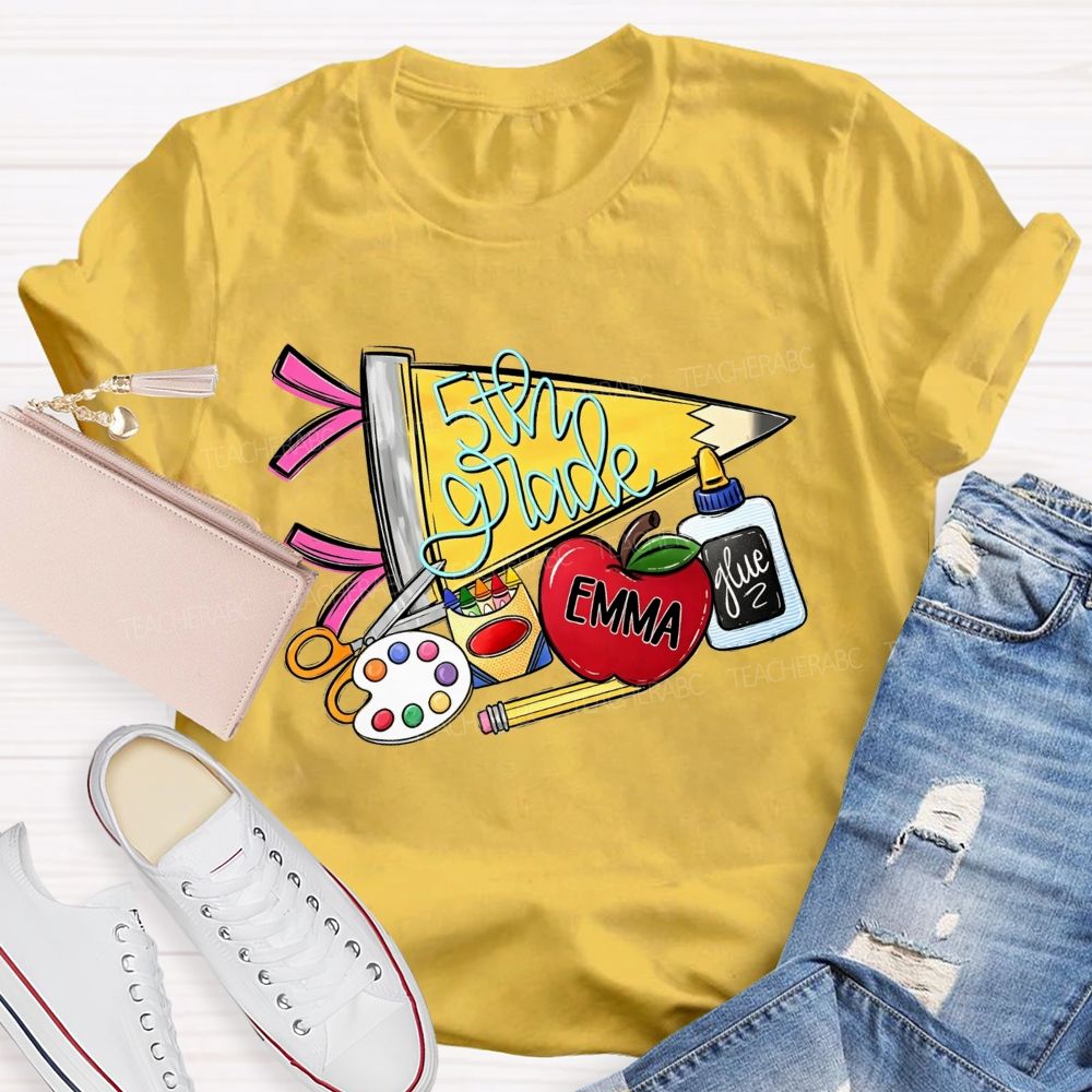 Personalized Name And Grade Yellow Pencil Triangle School Supplies Doodle Teacher T-shirt