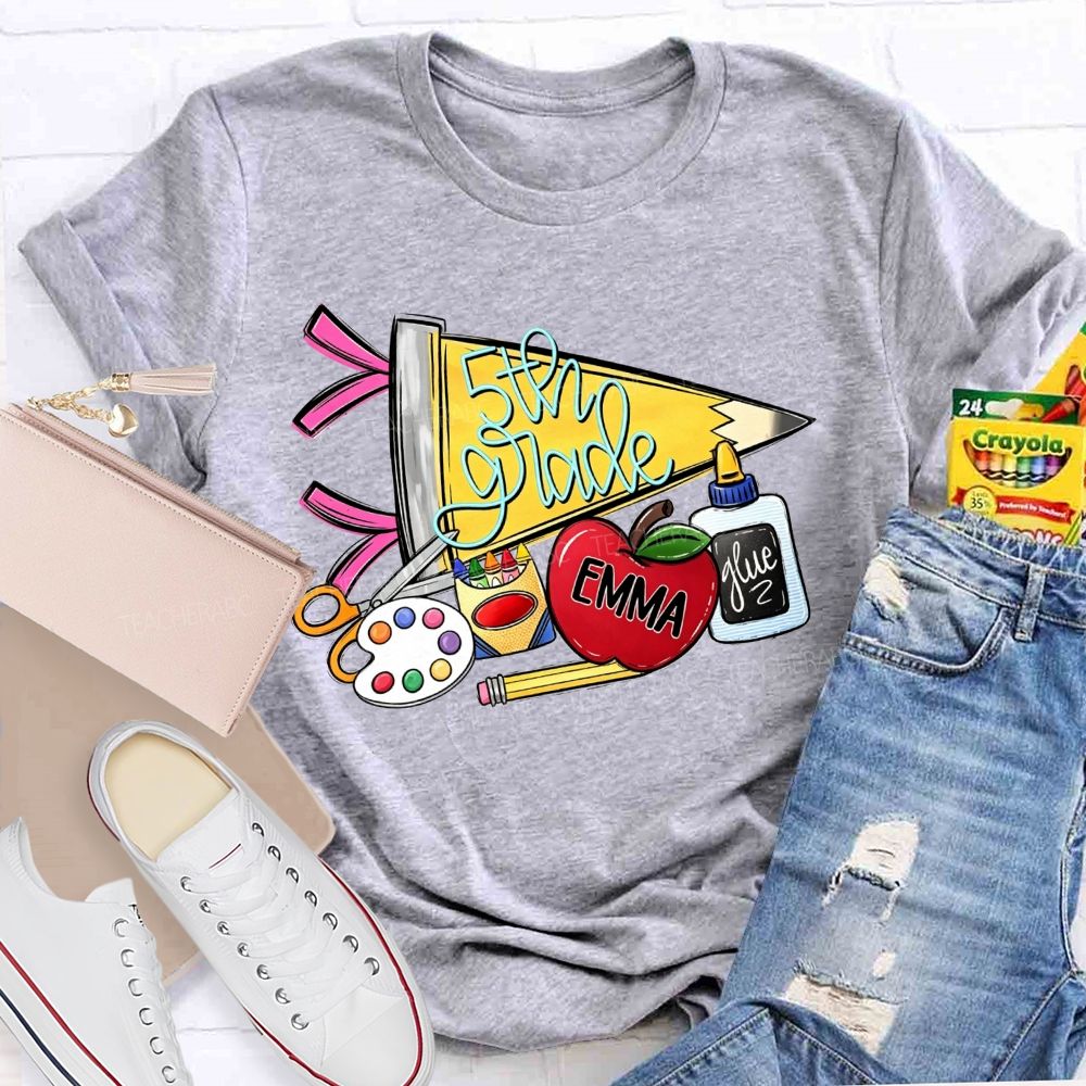 Personalized Name And Grade Yellow Pencil Triangle School Supplies Doodle Teacher T-shirt