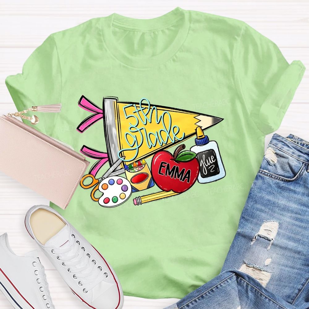 Personalized Name And Grade Yellow Pencil Triangle School Supplies Doodle Teacher T-shirt