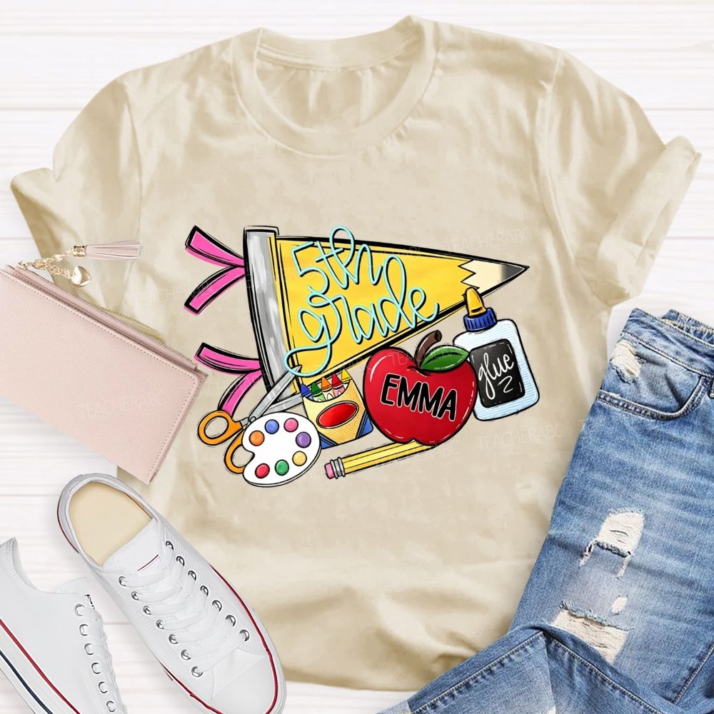 Personalized Name And Grade Yellow Pencil Triangle School Supplies Doodle Teacher T-shirt