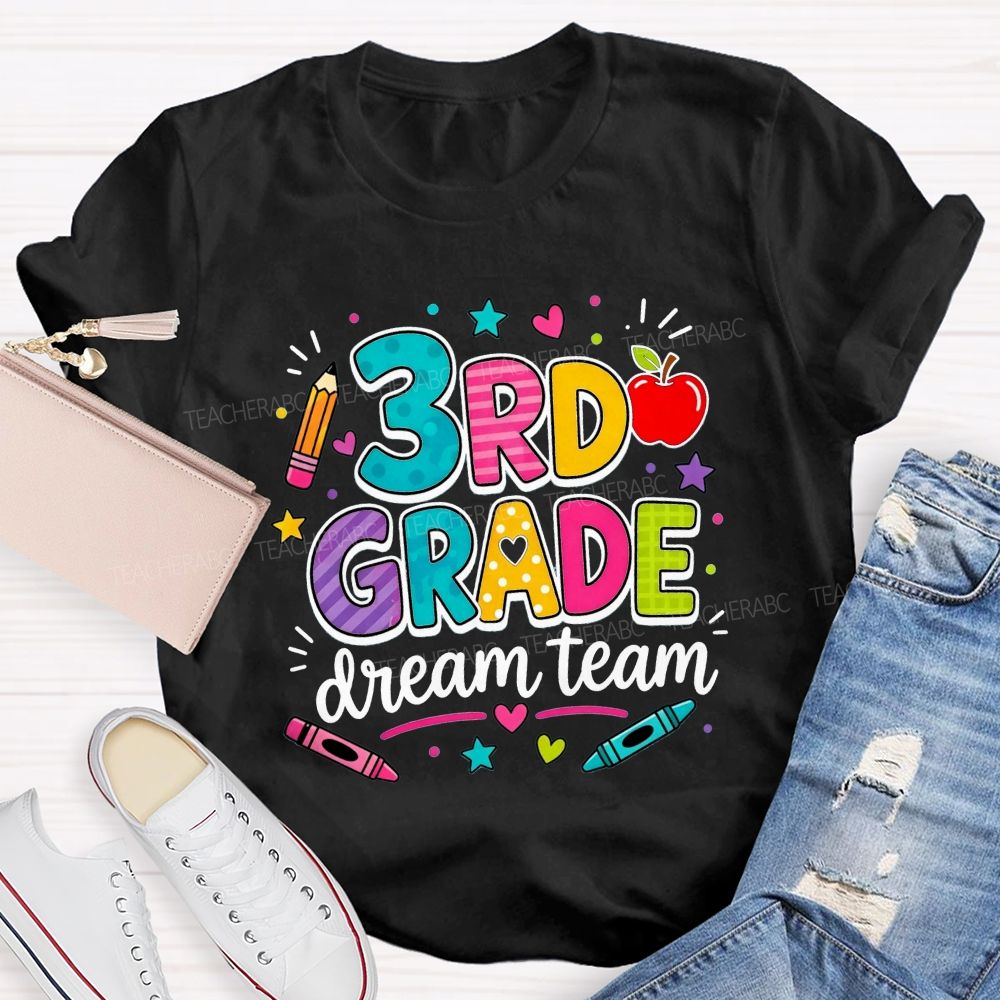 Personalized Grade 3rd Grade Dream Team Colorful Polka Dot Striped Pattern Teacher T-shirt