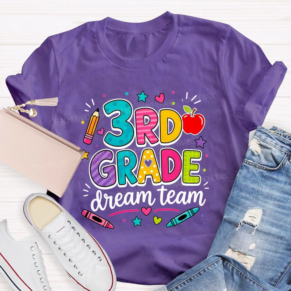 Personalized Grade 3rd Grade Dream Team Colorful Polka Dot Striped Pattern Teacher T-shirt
