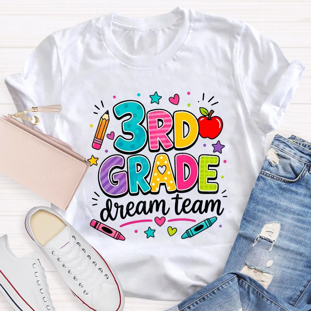 Personalized Grade 3rd Grade Dream Team Colorful Polka Dot Striped Pattern Teacher T-shirt