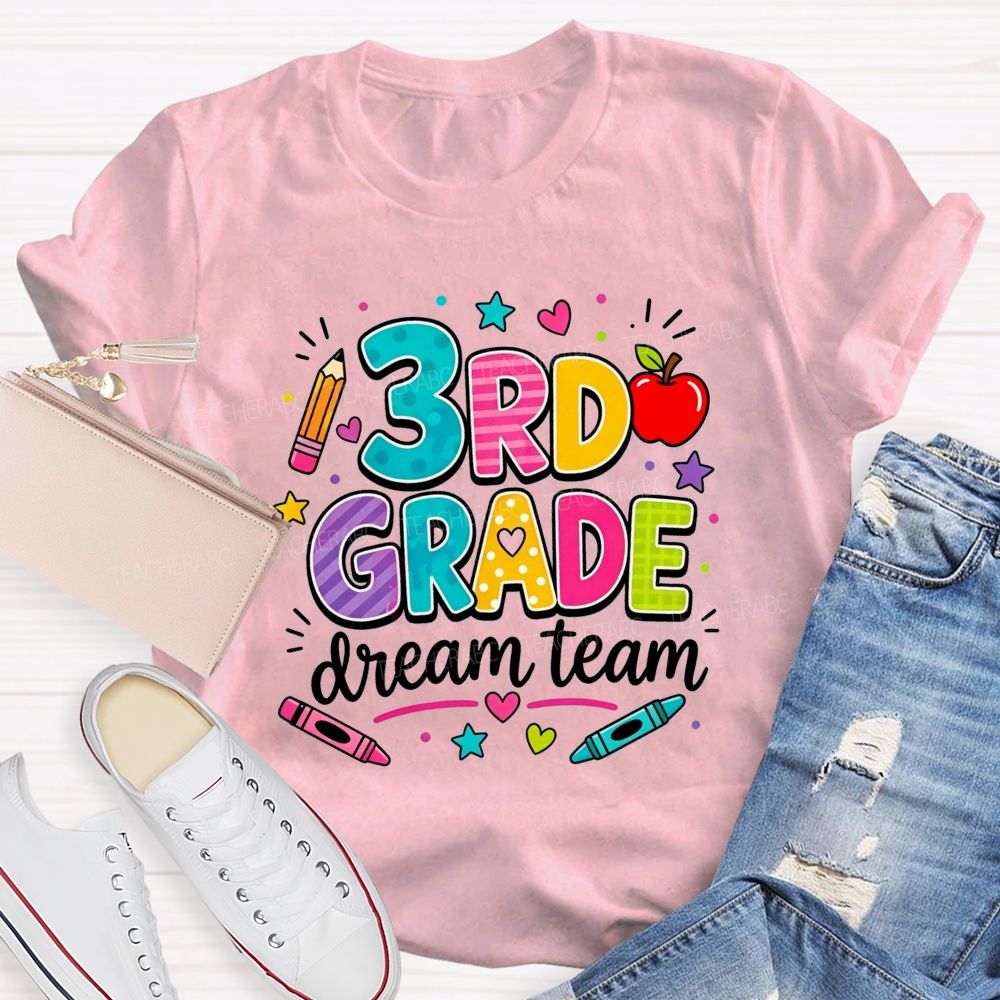 Personalized Grade 3rd Grade Dream Team Colorful Polka Dot Striped Pattern Teacher T-shirt