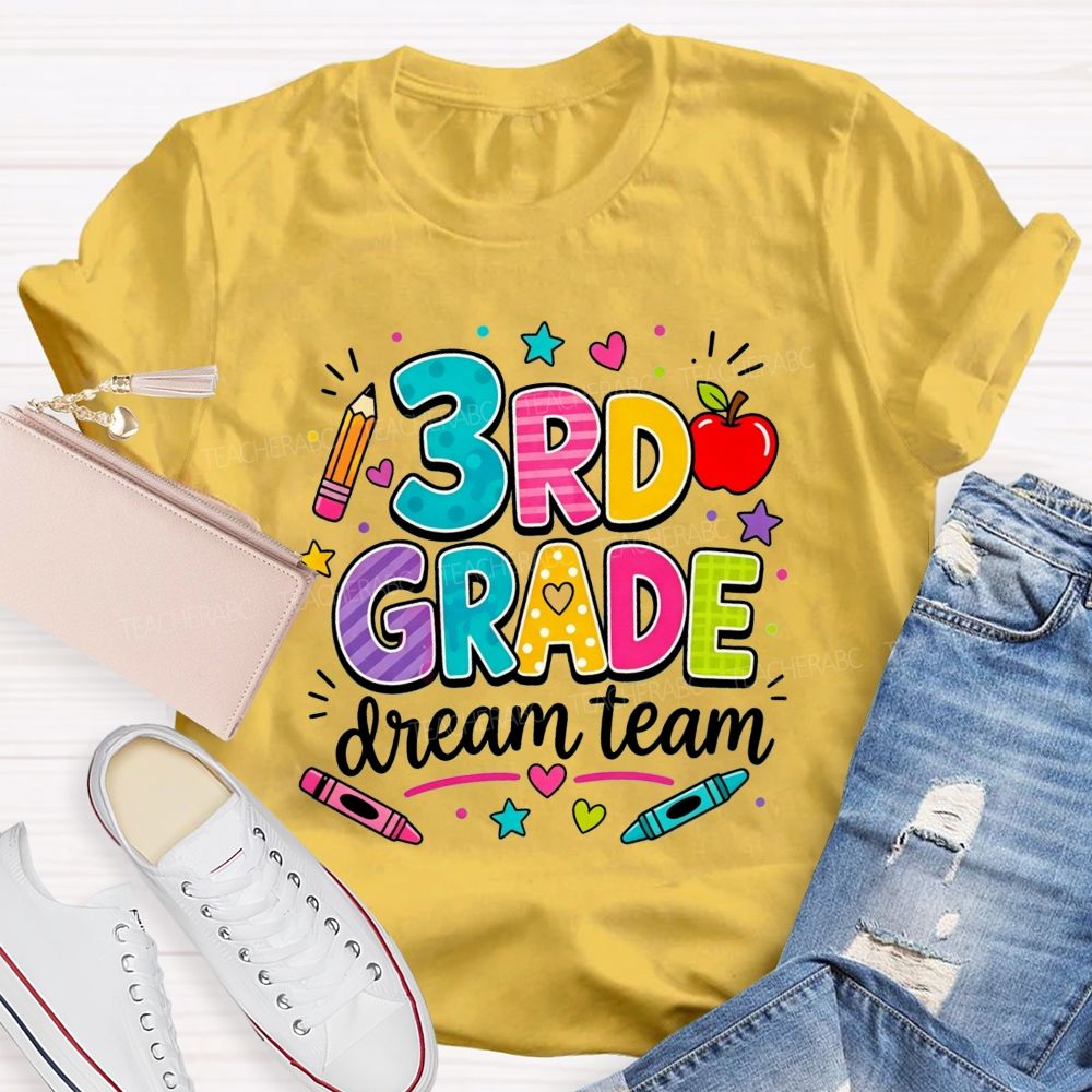 Personalized Grade 3rd Grade Dream Team Colorful Polka Dot Striped Pattern Teacher T-shirt