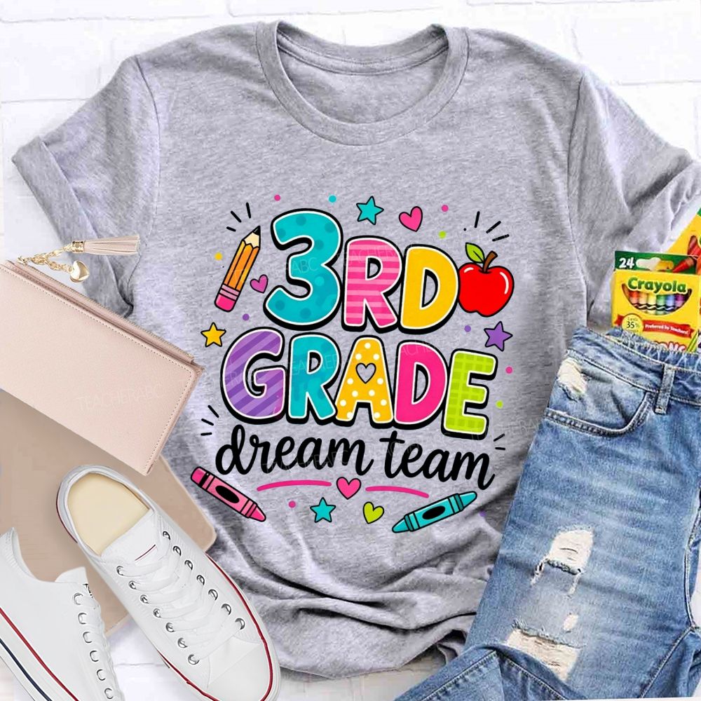 Personalized Grade 3rd Grade Dream Team Colorful Polka Dot Striped Pattern Teacher T-shirt