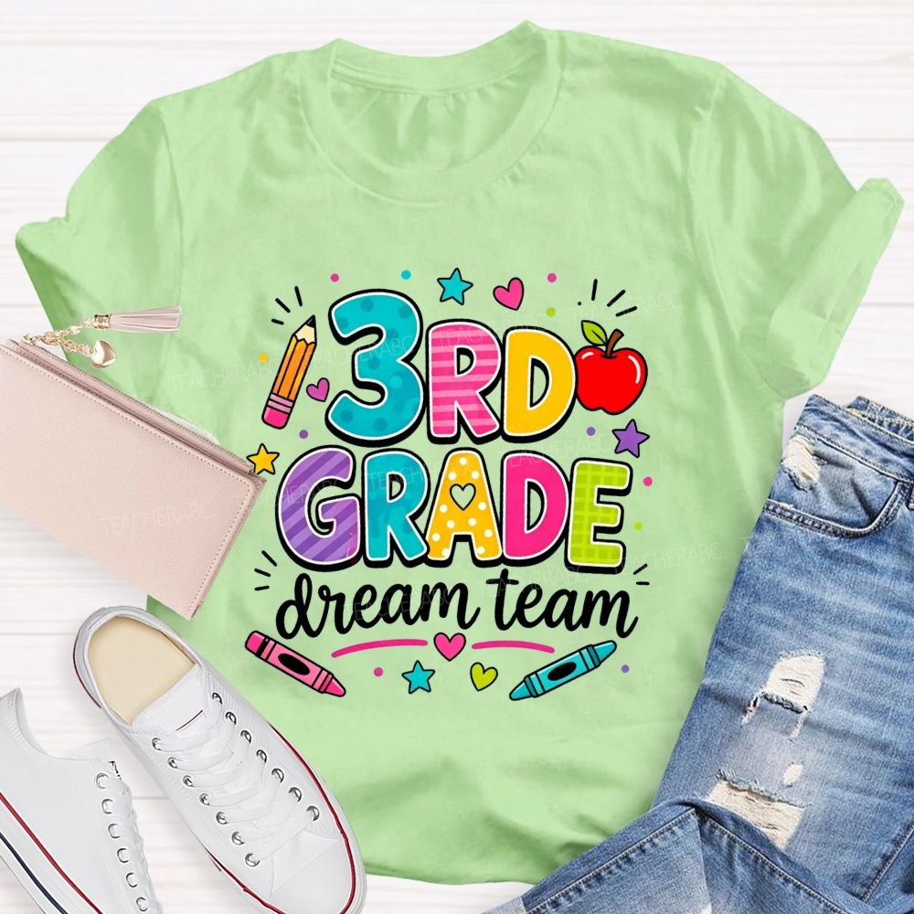 Personalized Grade 3rd Grade Dream Team Colorful Polka Dot Striped Pattern Teacher T-shirt