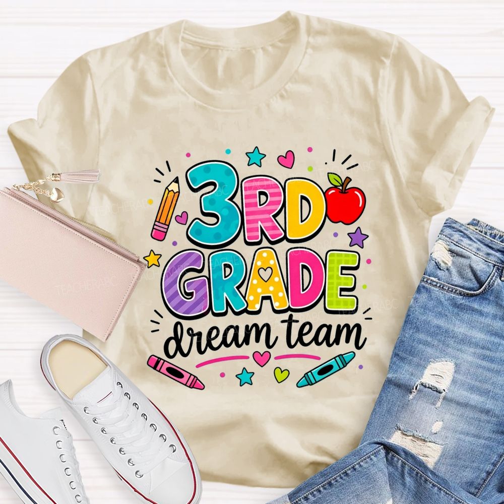 Personalized Grade 3rd Grade Dream Team Colorful Polka Dot Striped Pattern Teacher T-shirt