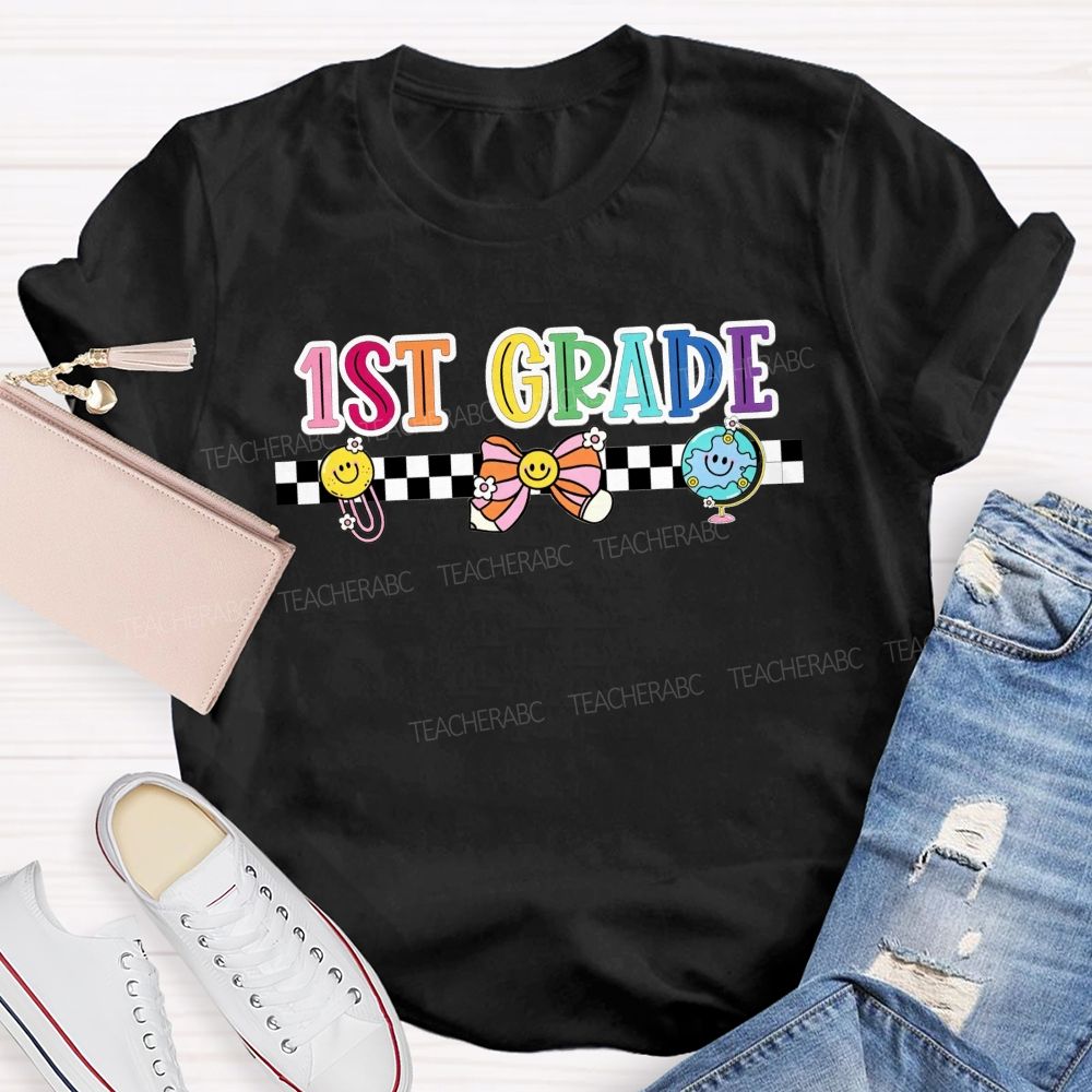 Personalized Grade 1st Grade Checkerboard Smiley Face Globe Bow Teacher T-shirt
