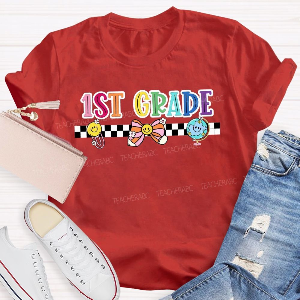 Personalized Grade 1st Grade Checkerboard Smiley Face Globe Bow Teacher T-shirt
