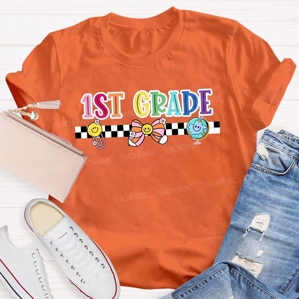 Personalized Grade 1st Grade Checkerboard Smiley Face Globe Bow Teacher T-shirt