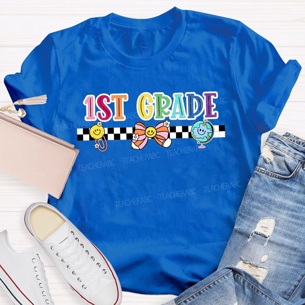 Personalized Grade 1st Grade Checkerboard Smiley Face Globe Bow Teacher T-shirt
