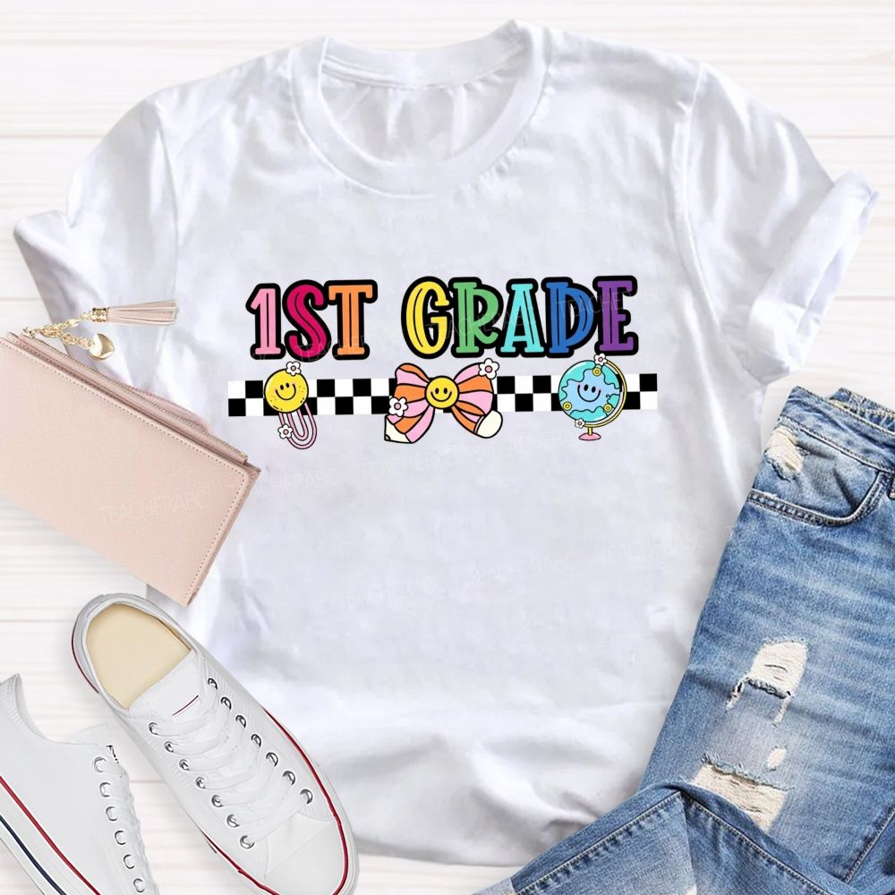 Personalized Grade 1st Grade Checkerboard Smiley Face Globe Bow Teacher T-shirt