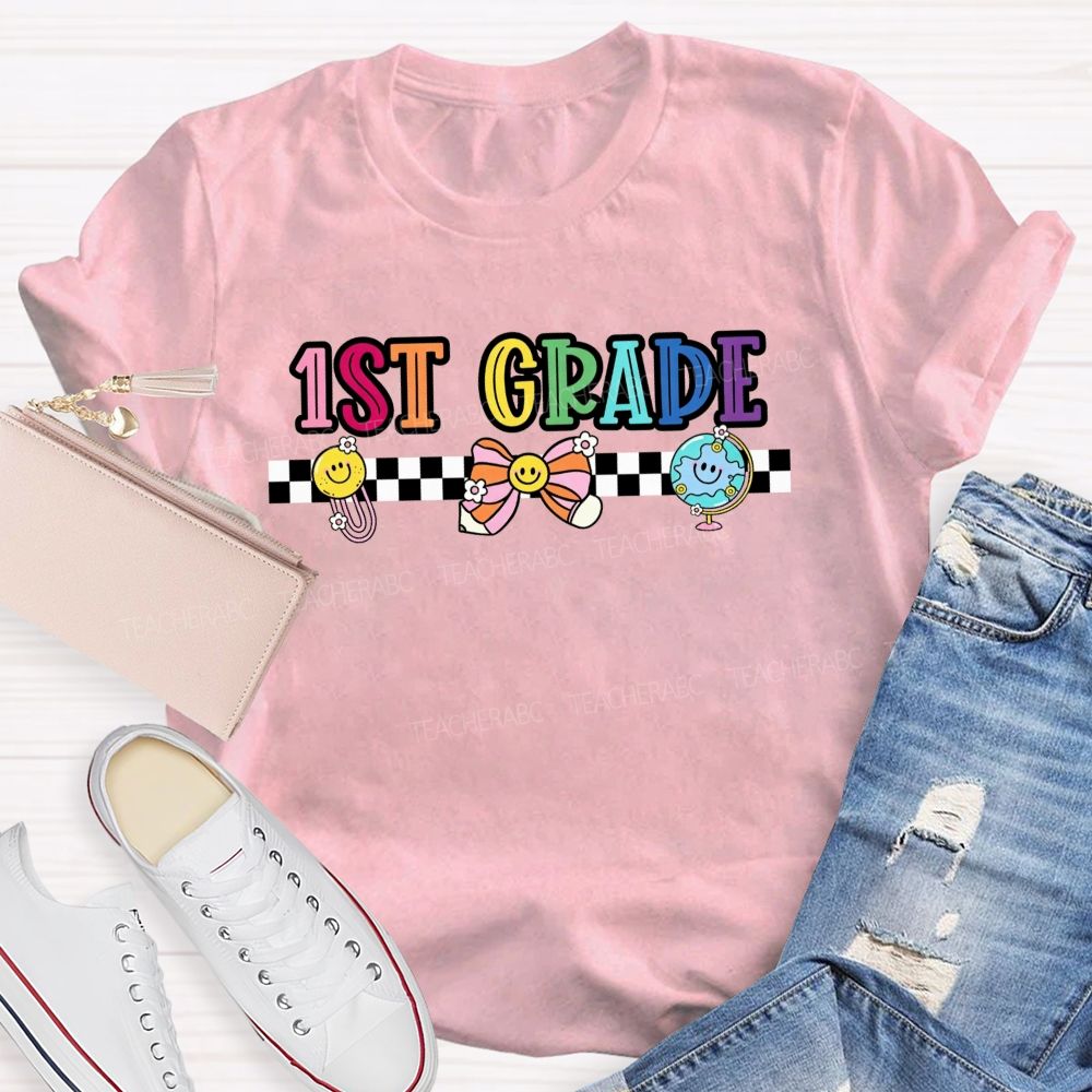 Personalized Grade 1st Grade Checkerboard Smiley Face Globe Bow Teacher T-shirt