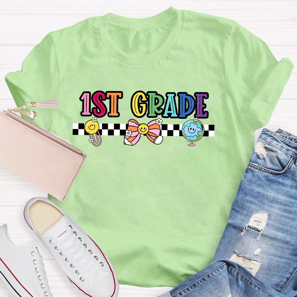Personalized Grade 1st Grade Checkerboard Smiley Face Globe Bow Teacher T-shirt