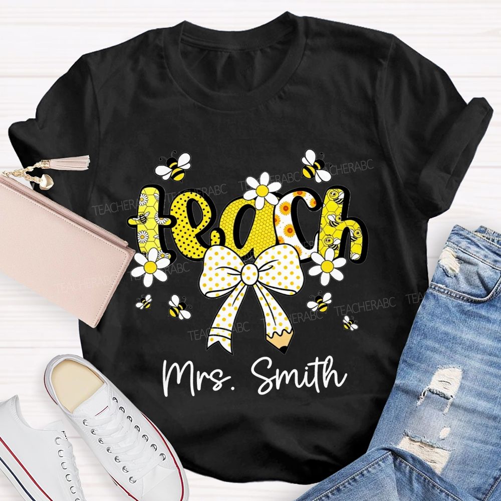Personalized Name Teach Honeycomb Polka Dot Bow Pencil Teacher T-shirt