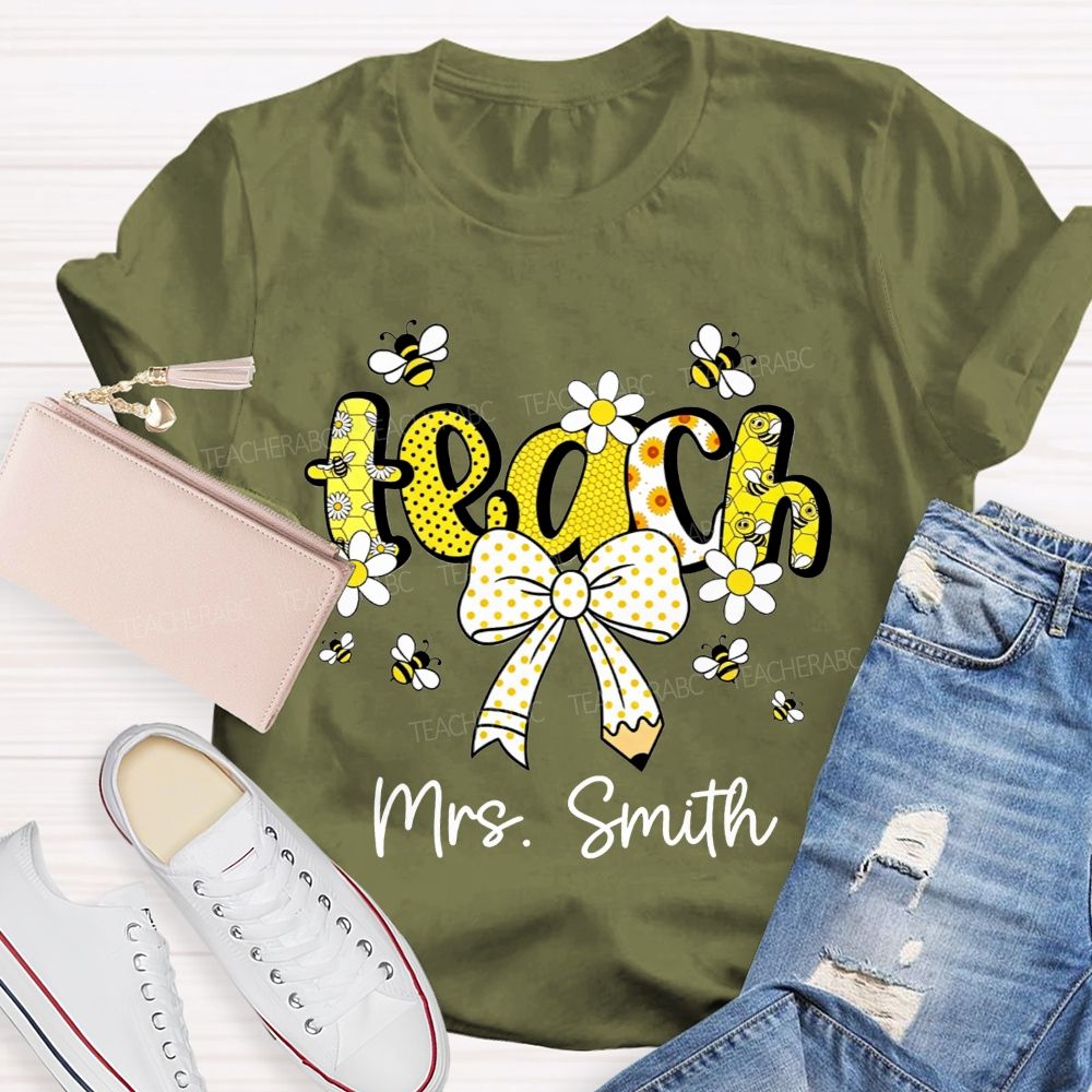 Personalized Name Teach Honeycomb Polka Dot Bow Pencil Teacher T-shirt