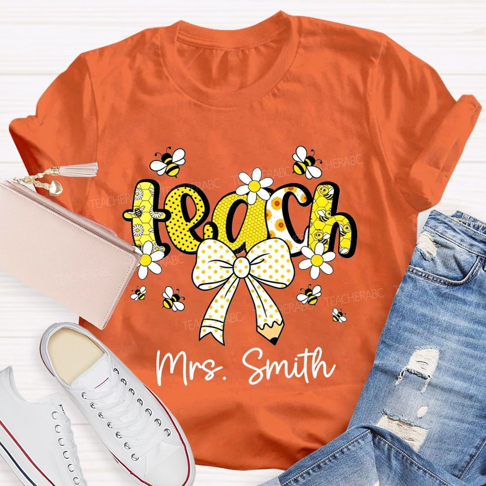 Personalized Name Teach Honeycomb Polka Dot Bow Pencil Teacher T-shirt