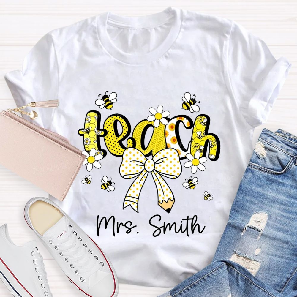 Personalized Name Teach Honeycomb Polka Dot Bow Pencil Teacher T-shirt