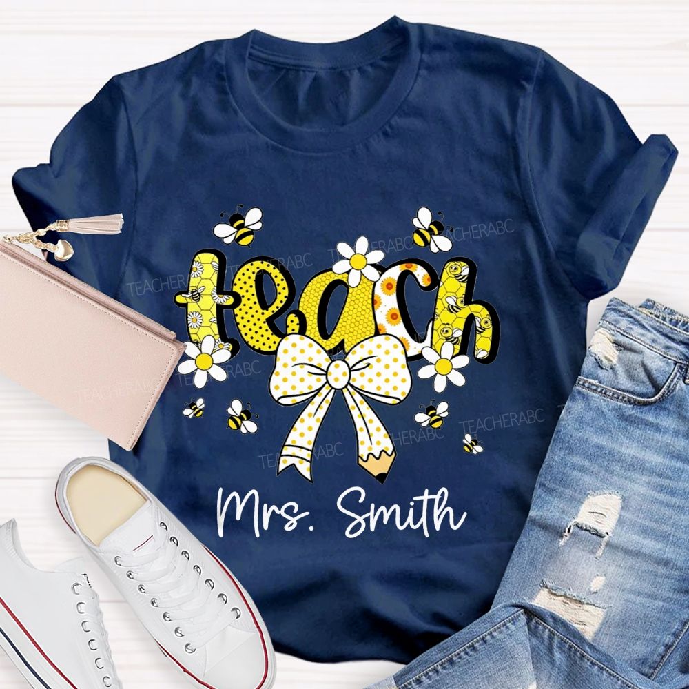 Personalized Name Teach Honeycomb Polka Dot Bow Pencil Teacher T-shirt