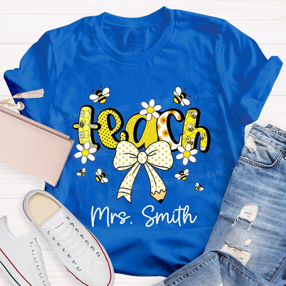 Personalized Name Teach Honeycomb Polka Dot Bow Pencil Teacher T-shirt