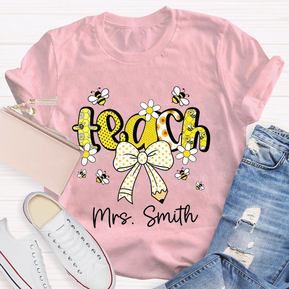 Personalized Name Teach Honeycomb Polka Dot Bow Pencil Teacher T-shirt