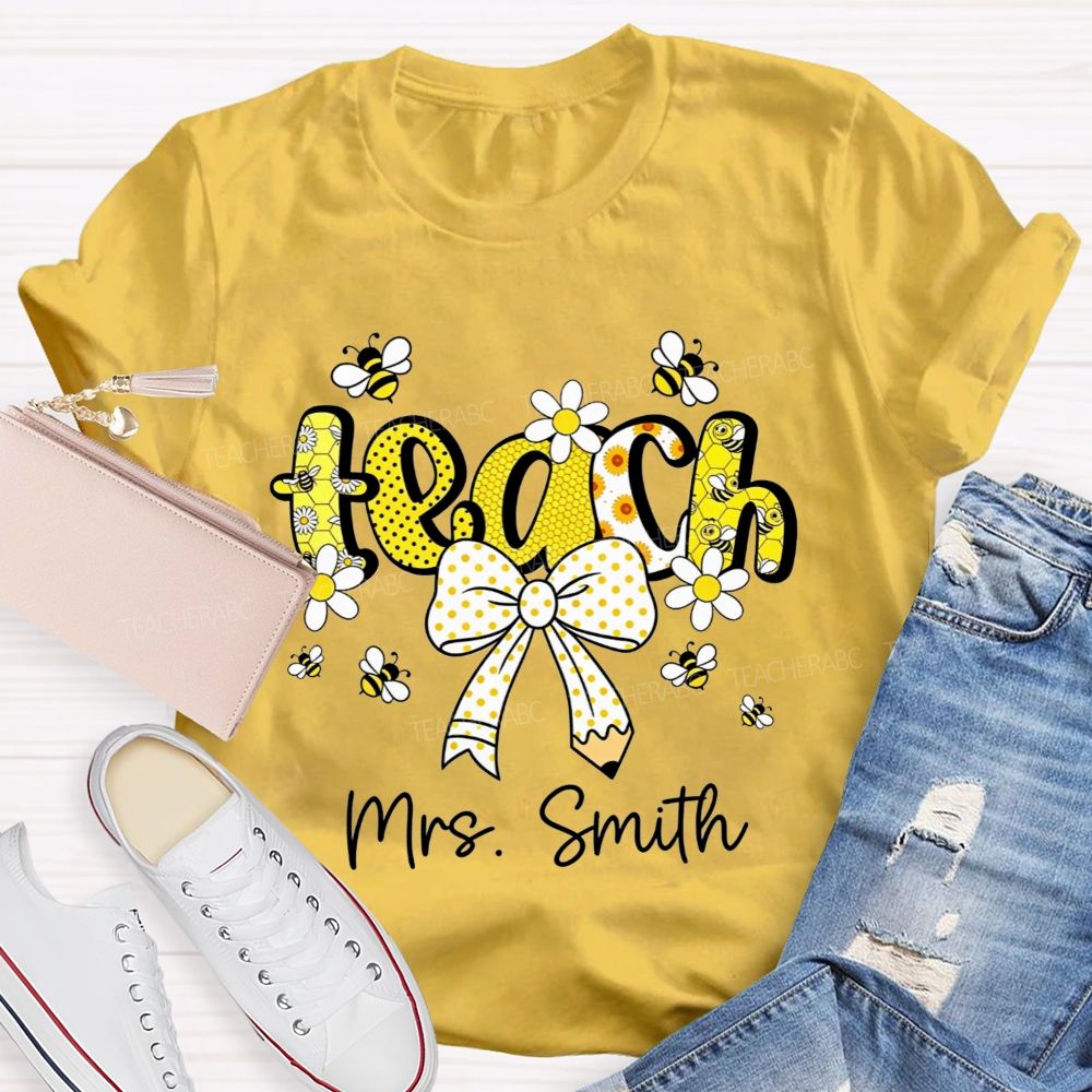 Personalized Name Teach Honeycomb Polka Dot Bow Pencil Teacher T-shirt