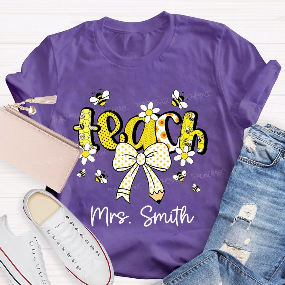 Personalized Name Teach Honeycomb Polka Dot Bow Pencil Teacher T-shirt