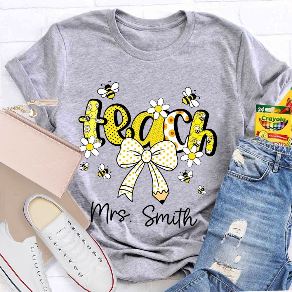 Personalized Name Teach Honeycomb Polka Dot Bow Pencil Teacher T-shirt