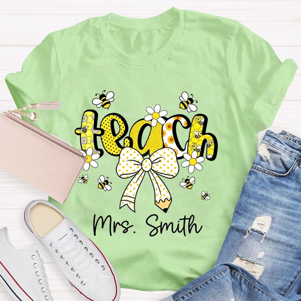 Personalized Name Teach Honeycomb Polka Dot Bow Pencil Teacher T-shirt