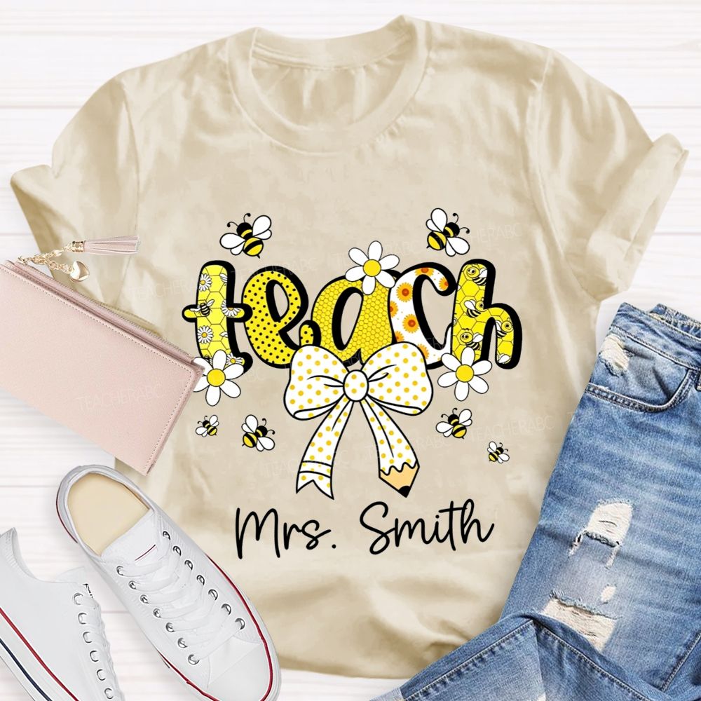 Personalized Name Teach Honeycomb Polka Dot Bow Pencil Teacher T-shirt