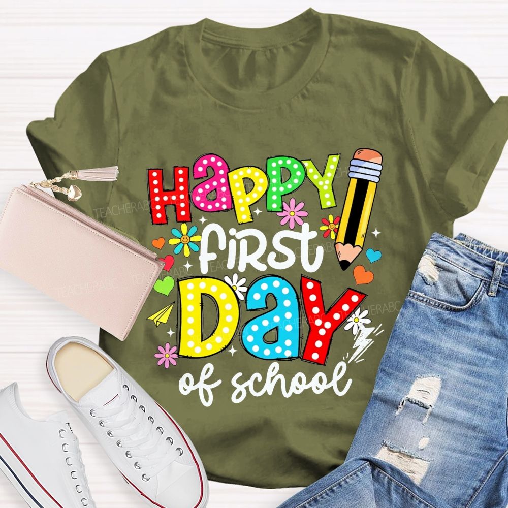 Happy First Day Of School Colorful Polka Dot Pencil Flower Teacher T-shirt