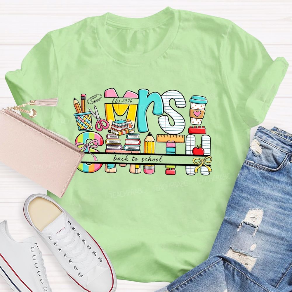 Personalized Name Back To School Colorful School Supplies Teacher T-shirt