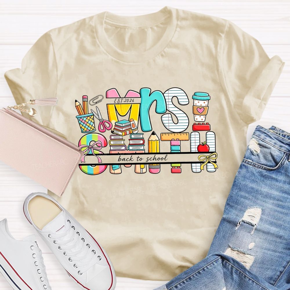 Personalized Name Back To School Colorful School Supplies Teacher T-shirt