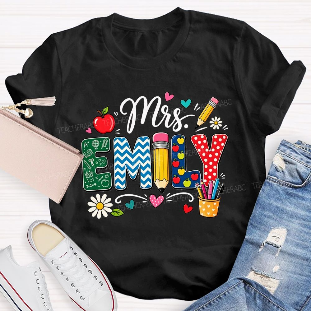 Personalized Name Patterned Letter Apple Pencil Teacher T-shirt