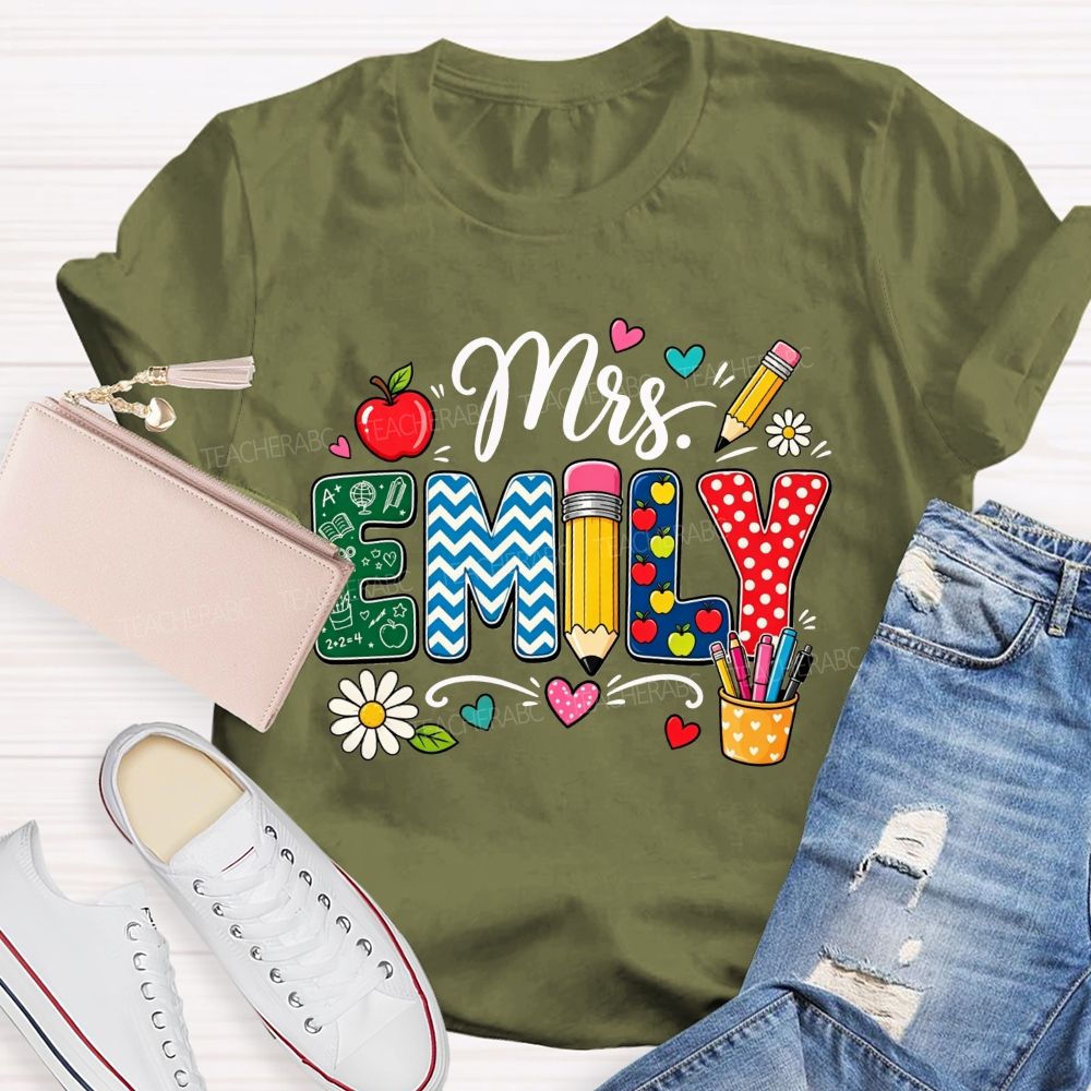 Personalized Name Patterned Letter Apple Pencil Teacher T-shirt