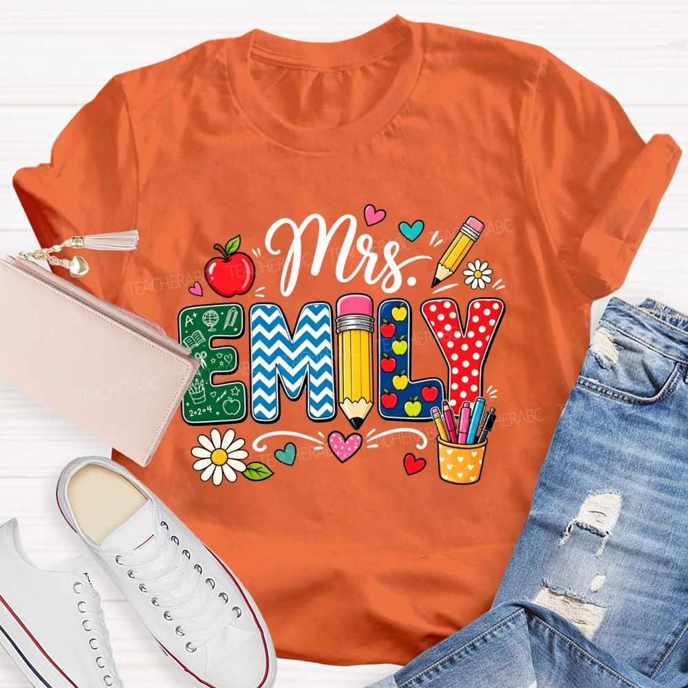 Personalized Name Patterned Letter Apple Pencil Teacher T-shirt