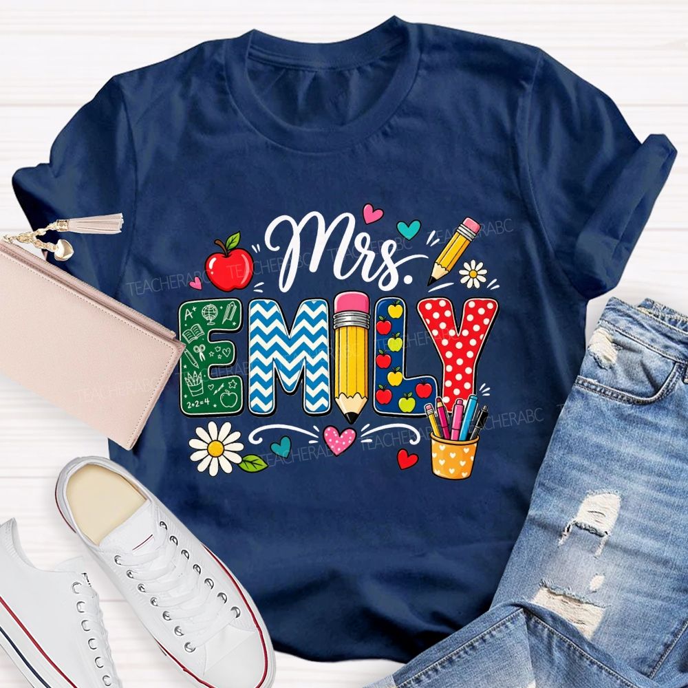 Personalized Name Patterned Letter Apple Pencil Teacher T-shirt