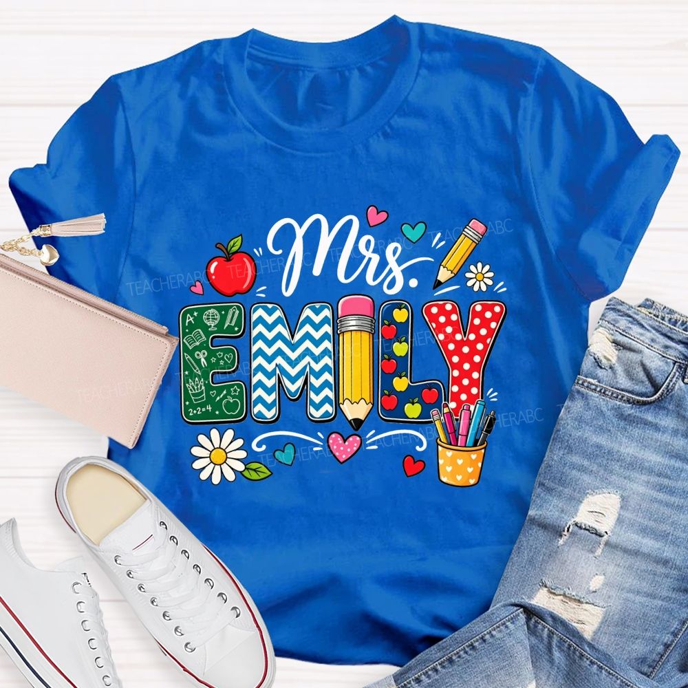 Personalized Name Patterned Letter Apple Pencil Teacher T-shirt