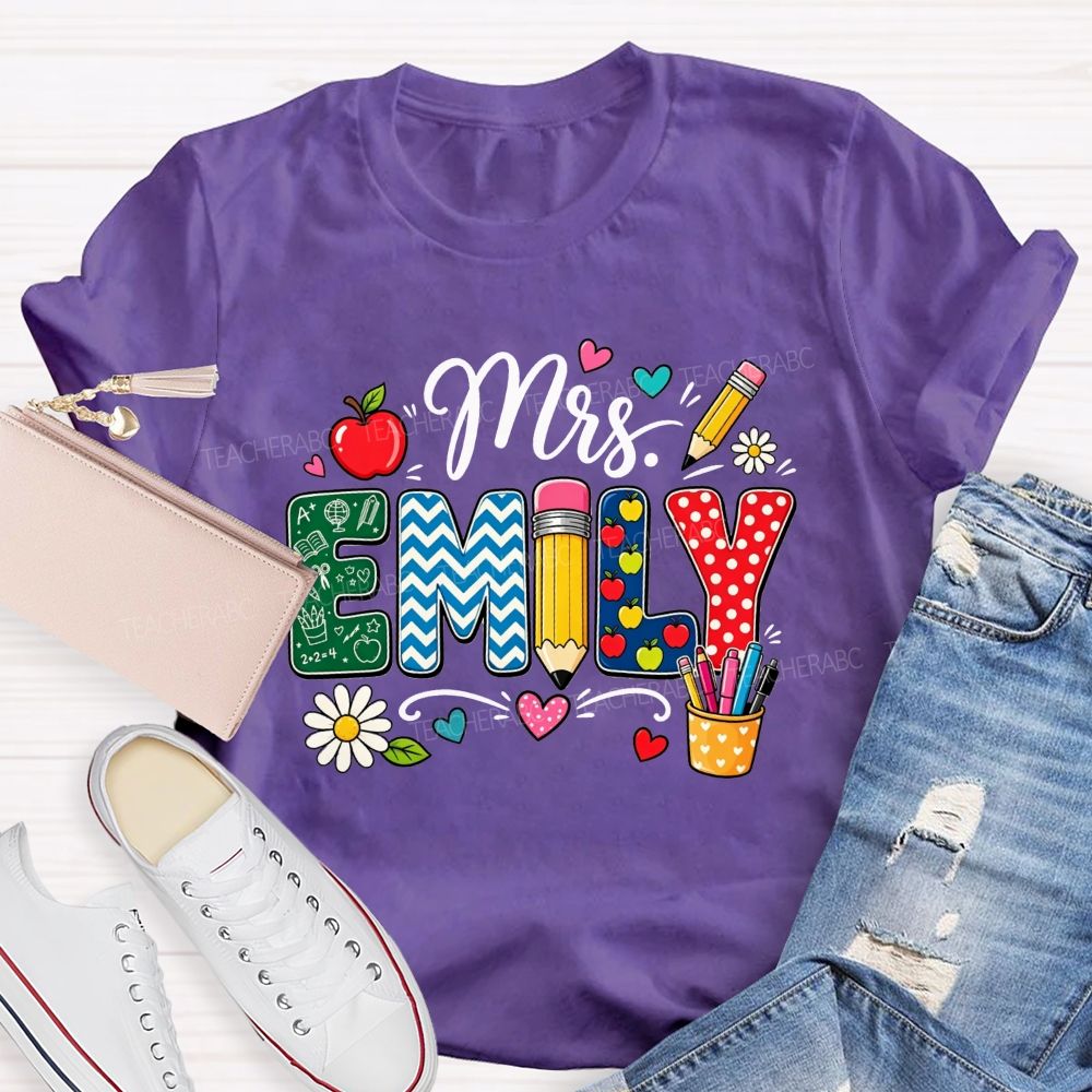 Personalized Name Patterned Letter Apple Pencil Teacher T-shirt