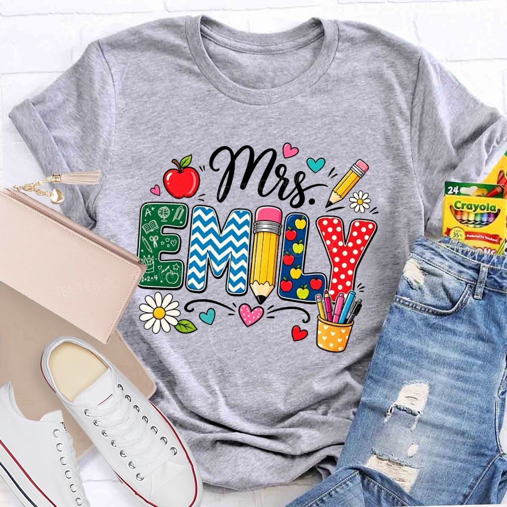 Personalized Name Patterned Letter Apple Pencil Teacher T-shirt