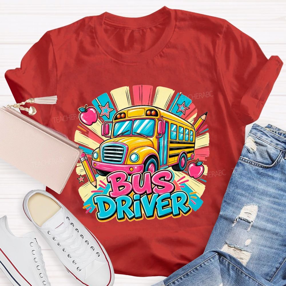 School Bus Bus Driver Colorful Sunburst Apple Pencil Star T-shirt