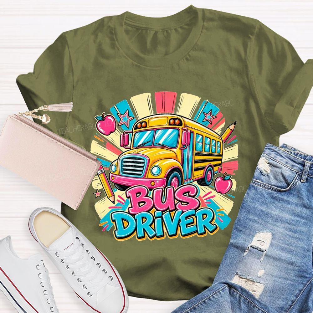 School Bus Bus Driver Colorful Sunburst Apple Pencil Star T-shirt