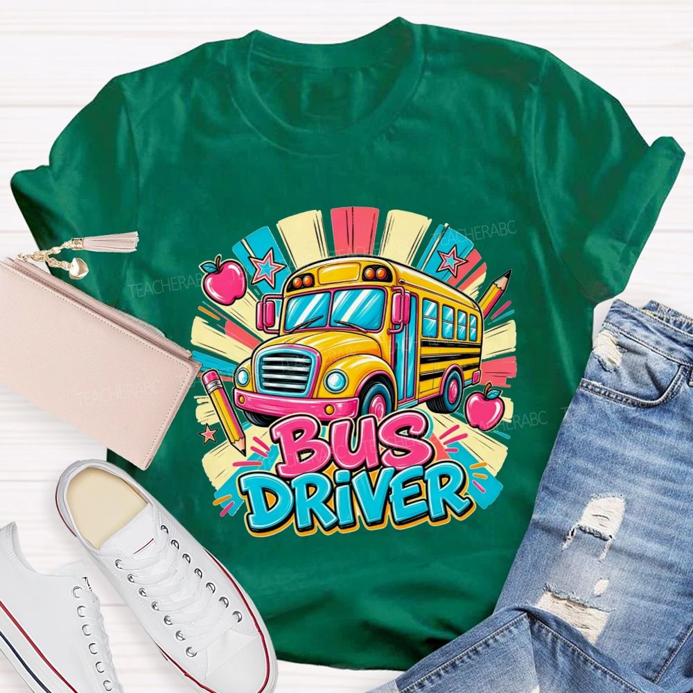 School Bus Bus Driver Colorful Sunburst Apple Pencil Star T-shirt