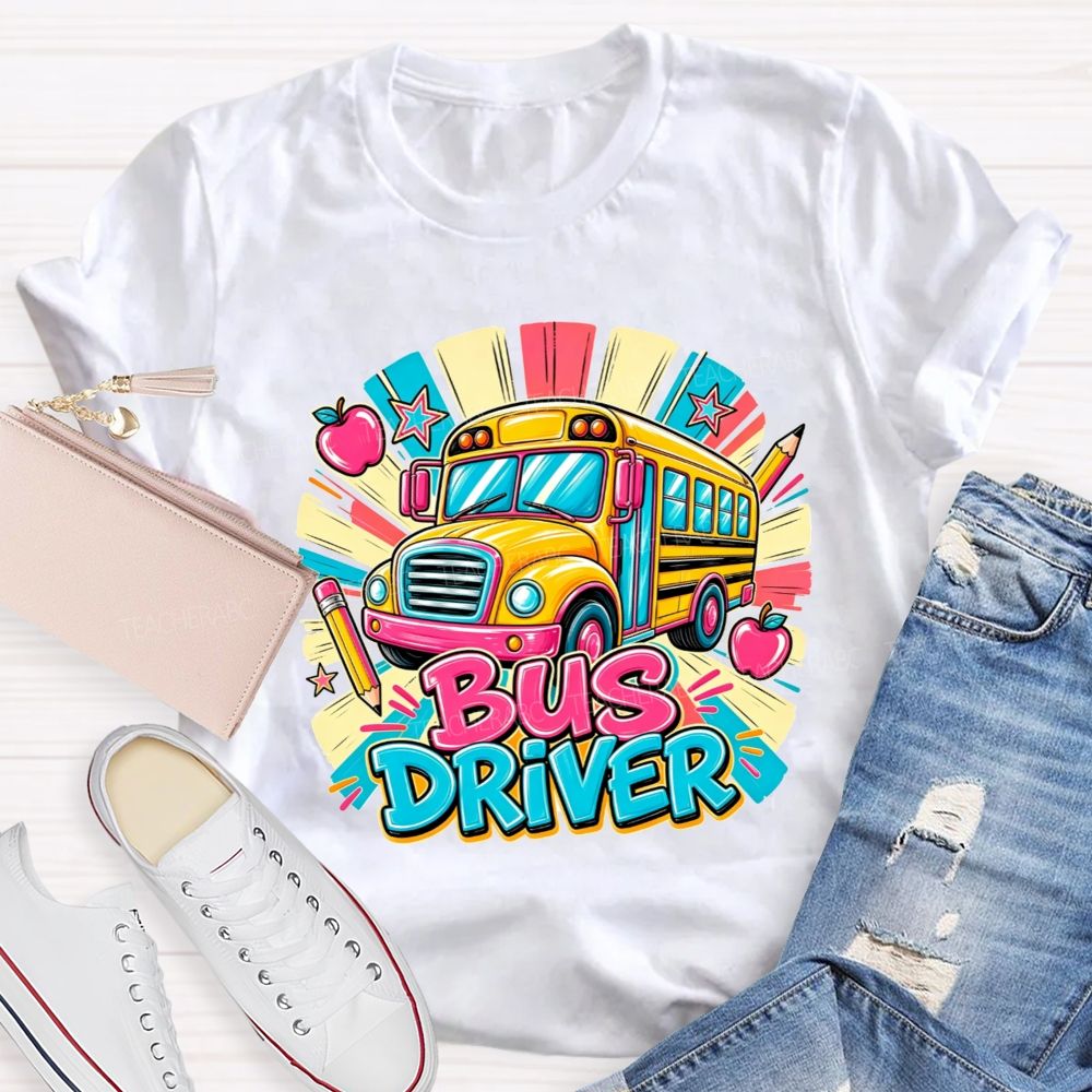 School Bus Bus Driver Colorful Sunburst Apple Pencil Star T-shirt