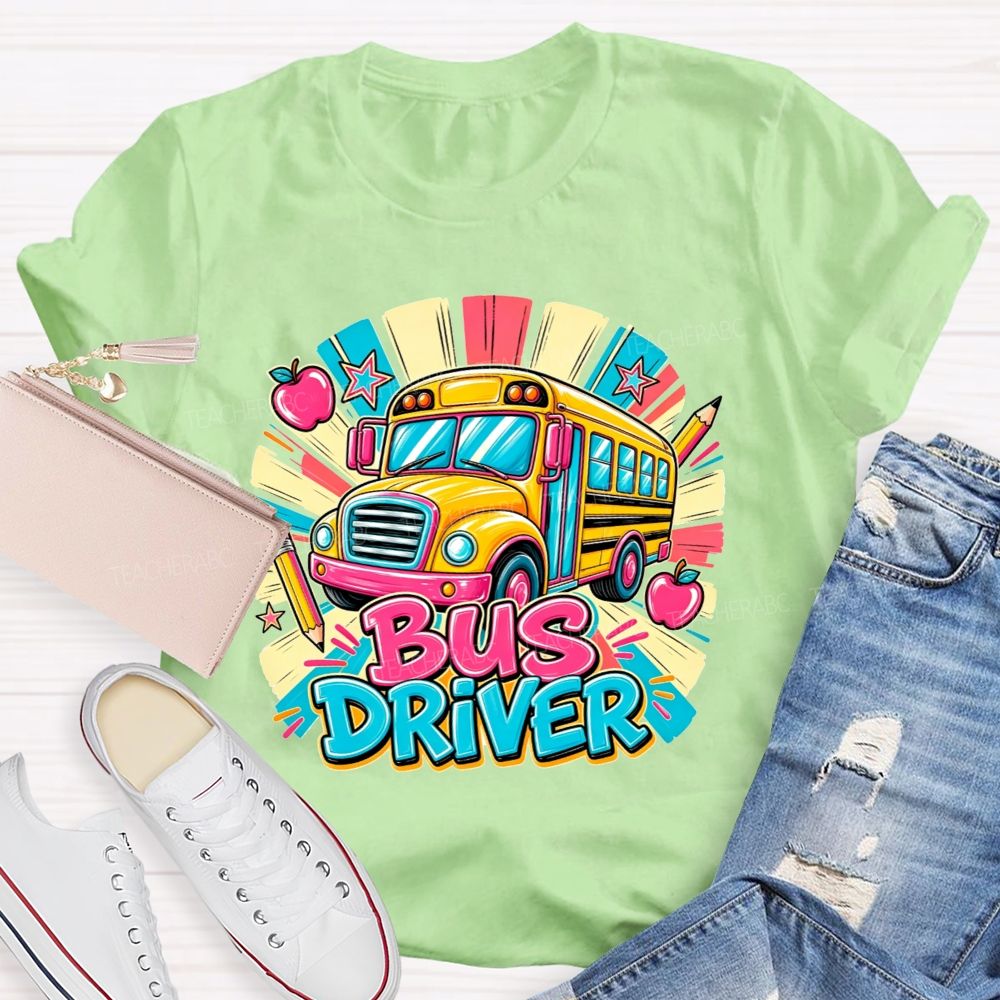 School Bus Bus Driver Colorful Sunburst Apple Pencil Star T-shirt